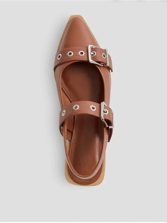 NIB Quince Size 7 Italian Leather Bold Buckle Slingback Flat In Cognac - Picture 3 of 7